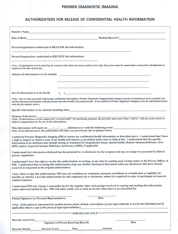 Premier Diagnostic Imaging authorization for release of confidential health information in Cookeville, Tennessee