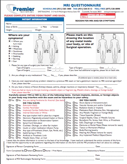 Premier Diagnostic Imaging patient questionnaire in Cookeville, Tennessee